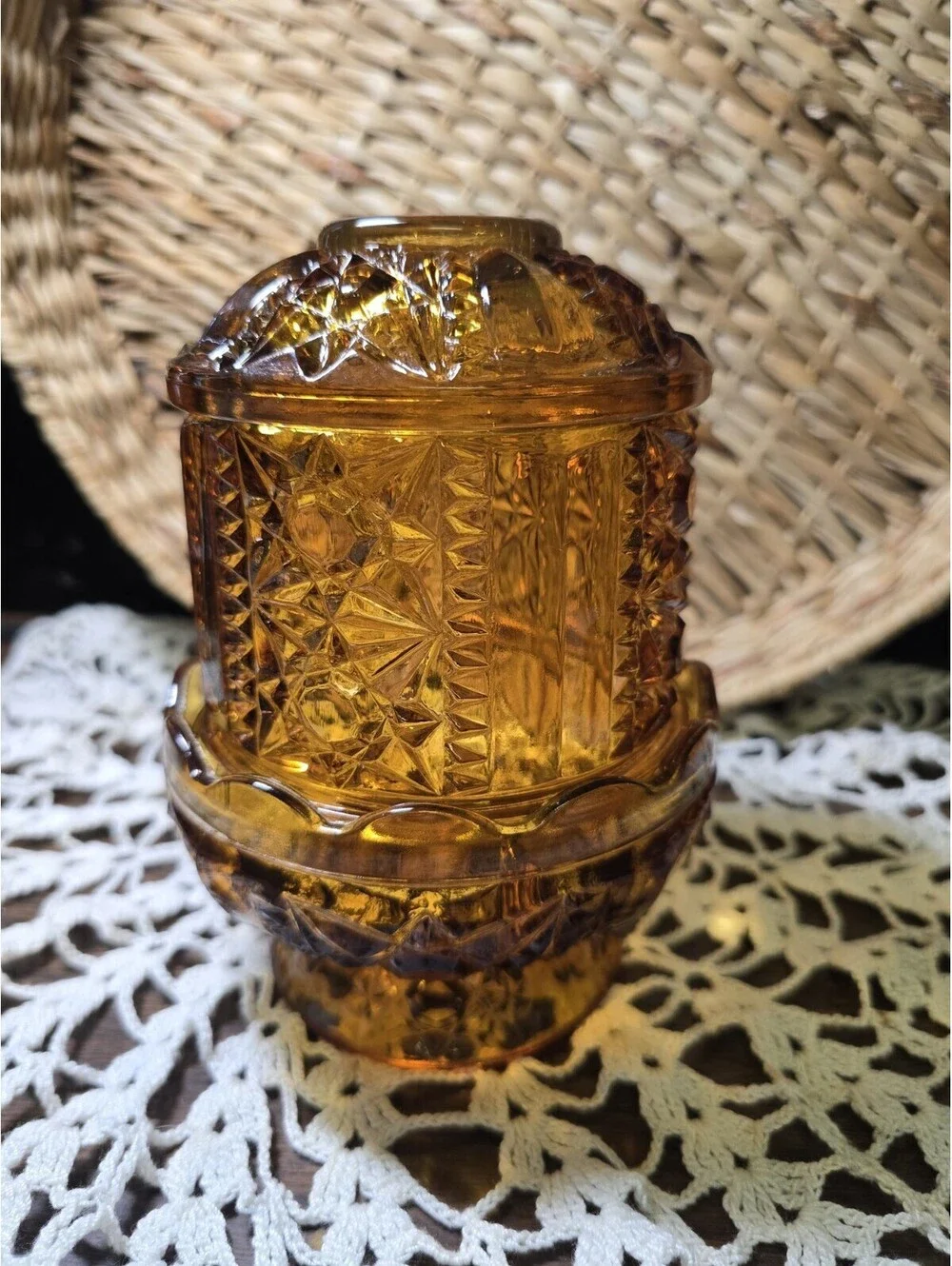 Vintage Indiana Glass 6.5” Amber Stars & Bars Fairy Lamp